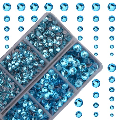 10000Pcs 2-Boxes Mixed Size Hot Fix Round Crystals Gems Glass Stones Hotfix Flat Back Rhinestones with Tweezers and Picking Pencil (Aquamarine) - color: Aquamarine, size: 2-Box (10000pcs)