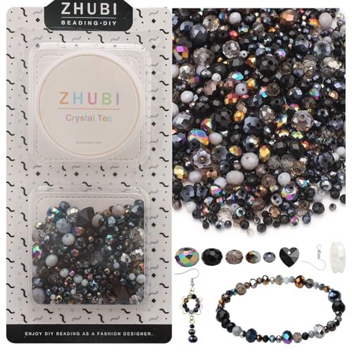 Black Crystal Bead DIY Set - Approx. 600-Piece Glass Beads Kit with Mixed Size Crystal Rondelles & Heart Pendants - Perfect for Jewelry Crafting - Elegant Gift Box - color: Black