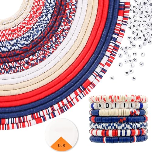 ADIIL 7200pcs Clay Beads Bracelet Making Kit, 6mm Polymer Heishi Beads for Jewelry Making, Friendship Bracelet Kit Birthday Gift for Adults Red Blue White - color: Red Blue White