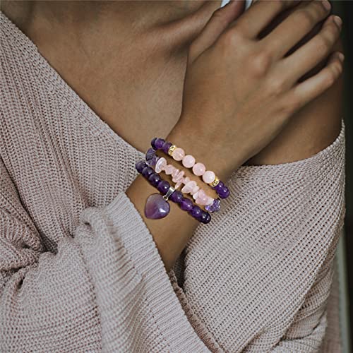 Vinswet Healing Crystal Beaded Bracelets for Women,Natural Amethyst Gemstones Bracelet,Anxiety Stress Relief Heart Charm Bracelet Handmade purple Jewelry Gifts for Women - color: Amethyst&Rose Quartz