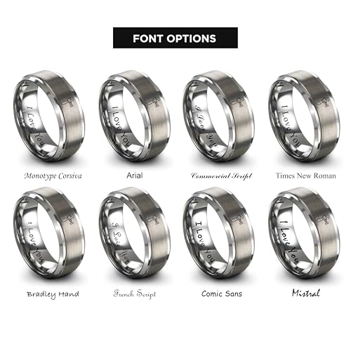 Chain Tool Ring - Gift for Cyclist - 8mm - Band - Gunmetal Black Silver - Personalized Custom Engraving - Men Women - Anniversary Engagement Wedding - Tungsten Carbide - Flat Dome Bevel - color: 09 - Grey Tungsten