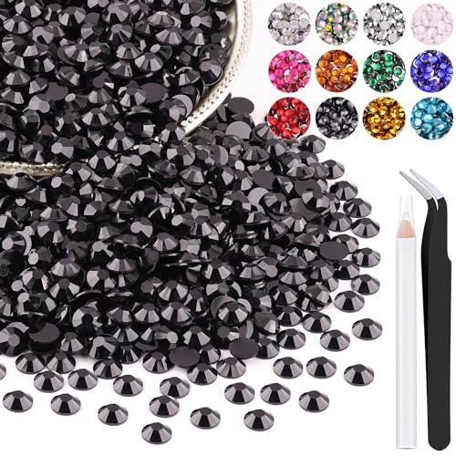 1200PCS 6mm Resin Rhinestones in Bulk (Black), Bedazzling Flatback Crystals for Crafts DIY Nail Decoration, Gems Charms for Tumbler Shoes Clothing Fabric with Pickup Pen and Tweezers - color: A04 Resin Rhinestones (Black), size: 6mm