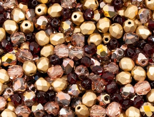 0.88oz (Approx. 500 Beads) Mix of Faceted Fire Polished Pressed Czech Glass Beads, Sparkling Shiny Mix BCV - color: Mix 02 Red Gold, size: 25 g