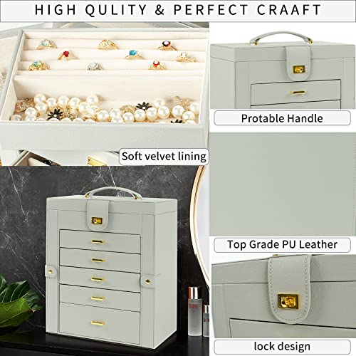AKOZLIN 6-Tier Jewelry Box Organizer Functional Huge 5 Drawers Leather Jewelry Storage Case Grey Large