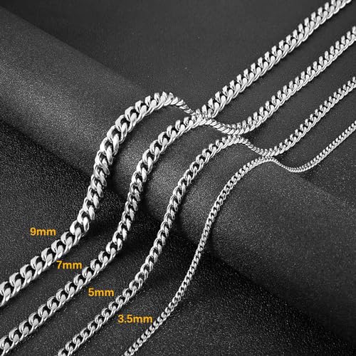 HZMAN Cuban Chain for Men - Stainless Steel Gold & Silver Diamond Cut Hip Hop Link Chains - 3.5mm/5mm/7mm/9mm - 16-30 Inch - color: 5mm Silver, size: 26In