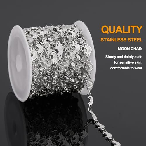 KYUNHOO 4 Meters Silver Chains for Jewelry Making Crescent Moon Shape Stainless Steel Chains Bulk with Jewelry Connectors for Women Men Make Crafts - color: Moon Silver