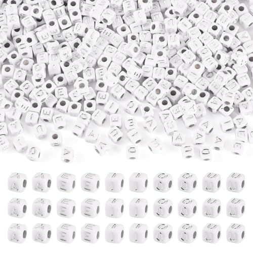 FASHEWELRY 500Pcs White Silver Square Letter Beads 5mm Cube Vowel Letter Beads A/E/I/O/U Initial Alphabet Beads for Friendship Bracelet Name Jewelry Making - color: 00-A/E/I/O/U-Silver, size: 5x5x5mm