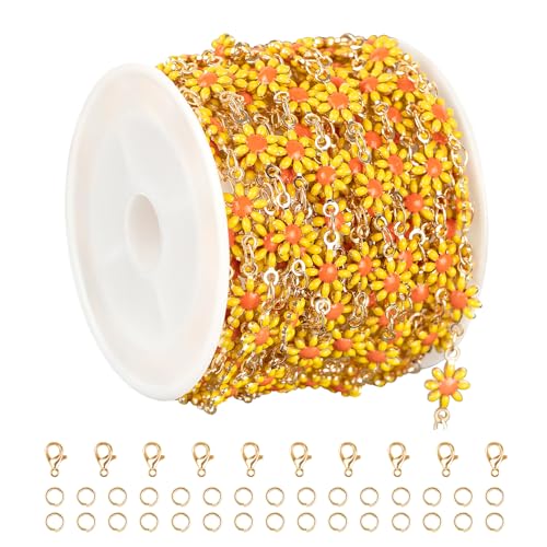 KYUNHOO 16.4FT/5M Jewelry Making Chain Roll Gold Plated Brass Chain for Crafting Beautiful Daisy Chain Spool with Jewelry Clasps for DIY Finding Supplies - color: Yellow Daisy