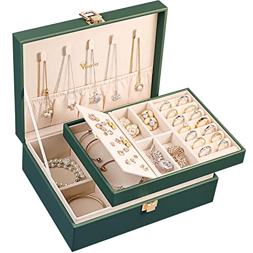 Voova Jewelry Box Organizer for Women Girls, 2 Layer Large Men Jewelry Storage Case, PU Leather Display Jewellery Holder with Removable Tray for Necklace Earrings Rings Bracelets, Blackish Green - color: Blackish Green