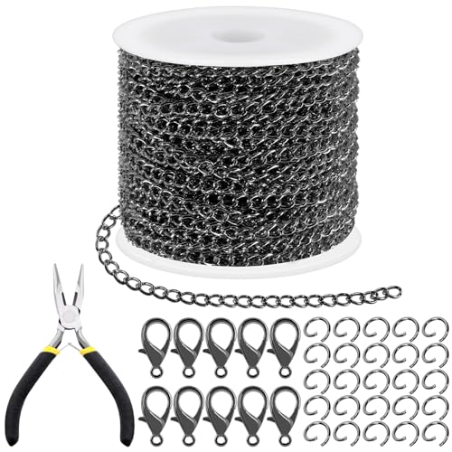 Tanstic 102Pcs 30 Feet Jewelry Making Chains Necklace Chains Bulk Cable Link Chain with 50Pcs Jump Rings, 50Pcs Lobster Clasps, Pliers for Bracelet Necklace Making(Gun Black) - color: Gun Black