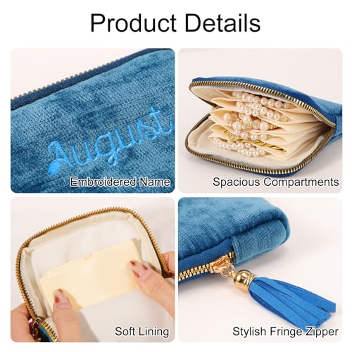 Mothers Day Gifts Personalized Travel Jewelry Case with Embroidered Name,Custom Small Jewelry Pouch Velvet Jewelry Organizer Storage Bag for Bracelet Rings Earring - color: Dark Blue