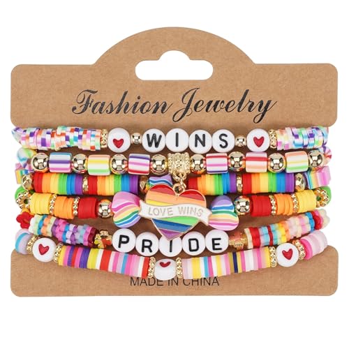6Pcs Rainbow Clay Heishi Beads Bracelet Set for Women Men, Boho Stackable Elastic Beaded Jewelry with Pride/Wins/Love Charms, Colorful LGBTQ+ Support Accessories, Summer Beach Friendship Gifts - color: Rainbow-03