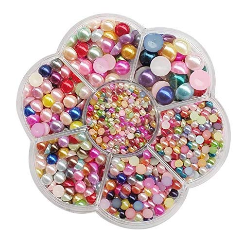 Chenkou Craft Random 1900pcs Assorted 7 Sizes(3/4/5/6/7/8/10mm) Imitation Half Pearl Flatback Bead Gem Scrapbook Craft DIY Loose Beads + Plastic Box (Multi-Color) - color: Multi-Color