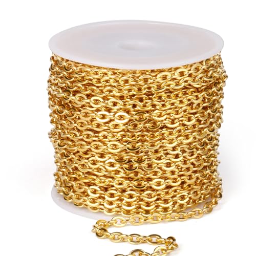 [66 Feet/ 20M] 18K Gold Plated Stainless Steel Chain Bulk, 3mm 304 Stainless Steel Chains Flat Cable Link Chain Spool Bulk for Jewelry Making DIY Craft - color: Gold Color, size: 3.0mm width