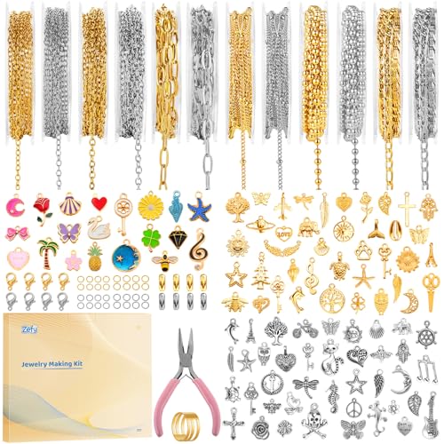 Zefy 18K Gold Silver Chain for Jewelry Making Kit, 39.6ft 12 Rolls Stainless Steel Chains Bulk with 380 Pcs Charms, Jump Rings Lobster Clasps Set for DIY Bracelet Necklace Crafts - size: Large
