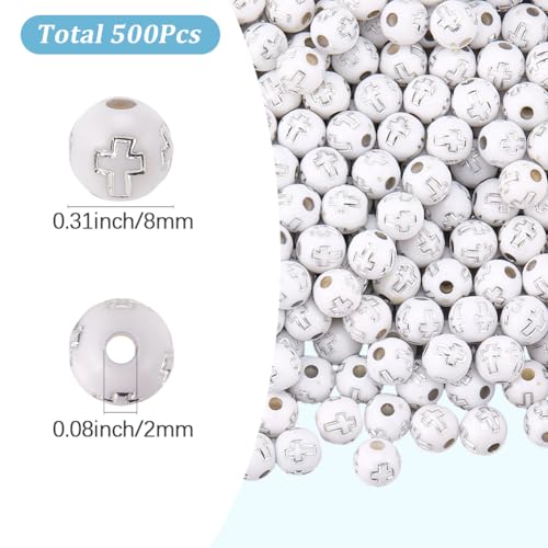 500Pcs Round Cross Beads 8mm Acrylic Bead Silver Easter Crosses Crucifix Pattern White Ball Shaped Loose Spacer for Bracelets Earrings Necklace Pendants Jewelry Making Crafts Holy Accessories - color: White