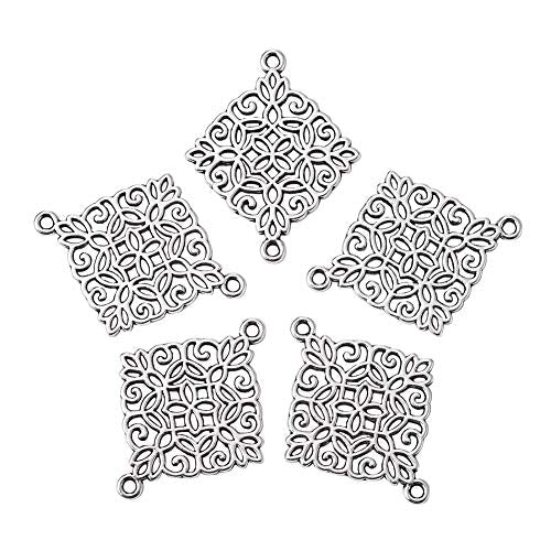 Beadthoven Bracelet Jewelry Connectors Charms Links for Jewelry Making, Antique Silver Metal Filigree Charms Golden Cubic Zirconia Charms Pendants Connectors for Earrings Bracelet DIY Findings - color: Rhombus-Floral-50pcs