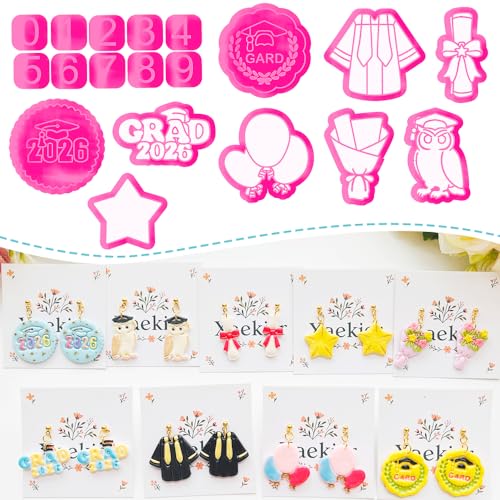 Graduation Polymer Clay Cutters & Stamps Set - 19pcs 0-9 Numbers, GARD/2026 Seals, Owl, Cap, Gown, Balloon for DIY Earring Jewelry, Soft Clay Crafts & Class Party Supplies - color: 2M color