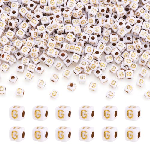 FASHEWELRY 500Pcs White Golden Letter Beads 4.5mm Square Alphabet Beads Acrylic Cube Letter G Beads for Friendship Bracelet Necklace Keychains Jewelry Making - color: Letter G