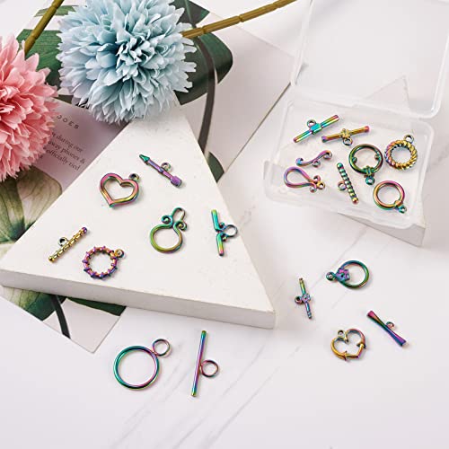 Craftdady 10pcs Sets Rainbow Steel Toggle Clasps Round Heart Ring Buckle T Bar Closure End Clasps for DIY Bracelet Necklace Jewelry Making, Mixed Styles Multi-Color - color: Colorful Mixed Style