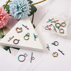Craftdady 10pcs Sets Rainbow Steel Toggle Clasps Round Heart Ring Buckle T Bar Closure End Clasps for DIY Bracelet Necklace Jewelry Making, Mixed Styles Multi-Color - color: Colorful Mixed Style