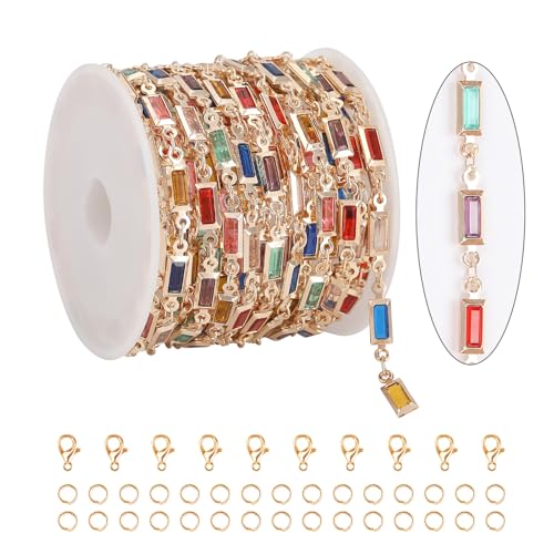 KYUNHOO 13 Feet Mix Colored Rectangular Rhinestone Chain Spool Paperclip Chain Links Gold Plated Chains for Jewelry Making Brass Chain Bulk with Jump Rings and Lobster Clasps - color: Rectangle Colorful