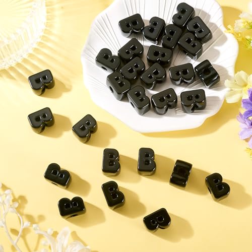 30Pcs Large Hole Letter Beads Black Acrylic European Beads 3D Letters B Chunky Bead Initial Alphabet Bead for Key Chains Bracelets Necklace DIY Craft Bag Charm Kit Arts Projects - color: Black-B