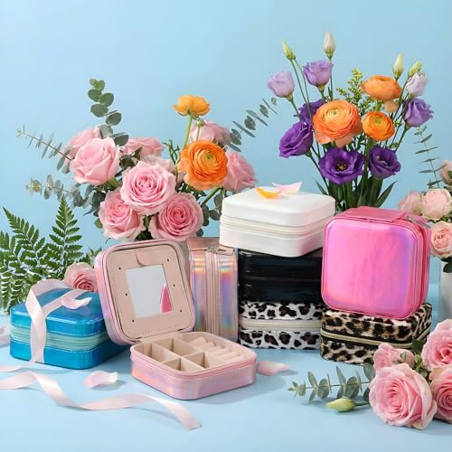 Nosiny 2 Pack Mother's Day Travel Jewelry Box with Mirror Small Laser Jewelry Case Organizer for Women Gift Rings Earrings(Rose Red and Dark Blue) - color: Rose Red and Dark Blue