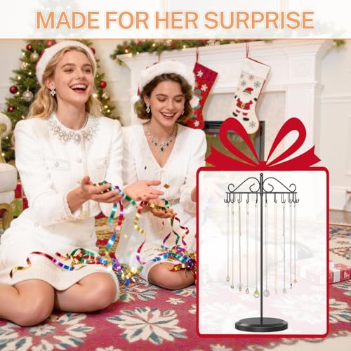 iDavosic.ly Rotating Necklace Holder Organizer with 24 Hooks, Adjustable Metal Bracelet Display Stand Rack, Extra Tall Keychain Spinning Tree Tower for Women, Black - color: Black - 1 Tier