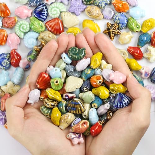 Mixed 0.3 lb Assorted Ceramic Ocean Beads for Jewelry Making, Assortment Bead Bulk Summer Sea Shell Conch Fish Beads for Adults Women Crafts Bracelets Necklace Earrings - color: 0.3 Pounds