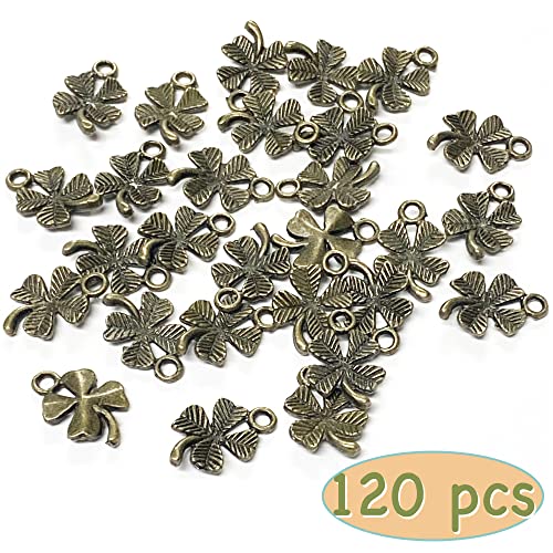 Heather's cf Four Leaf Clover Silver Leaf Beads 100-150 Pcs Leaves Craft Antique Leaf Charms for Crafting Leaf Pendant Charm for Necklace Bracelet Earring Making Fall Leaf Beads Set - color: Brass Clover