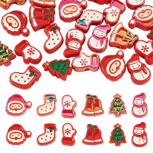 Beadthoven 24pcs Christmas Acrylic Beads for Bracelets, Xmas Pattern Focal Beads for Pens Keychain Making Tree Santa Claus Gloves Stockings Snowman Loose Decorative Spacers for DIY Jewelry Making - color: Xmas