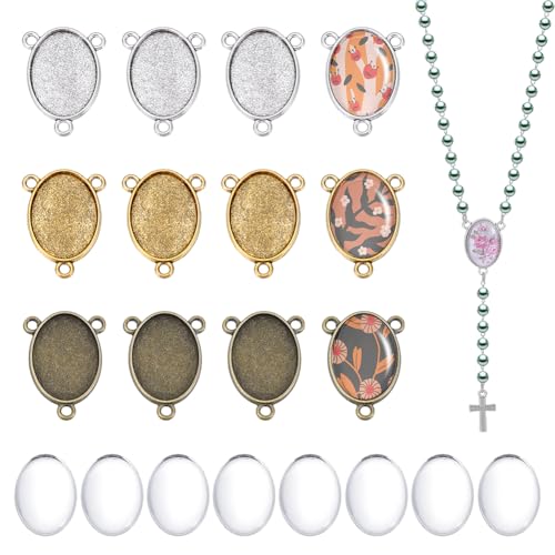 PH PandaHall 12 Sets Centerpiece Trays with Cabochons, 3 Colors Oval Bezel Pendant Trays 18x25mm Base Settings 3 Loops Base Connector Charms for DIY Necklaces Jewelry Crafts Making Easter Decor