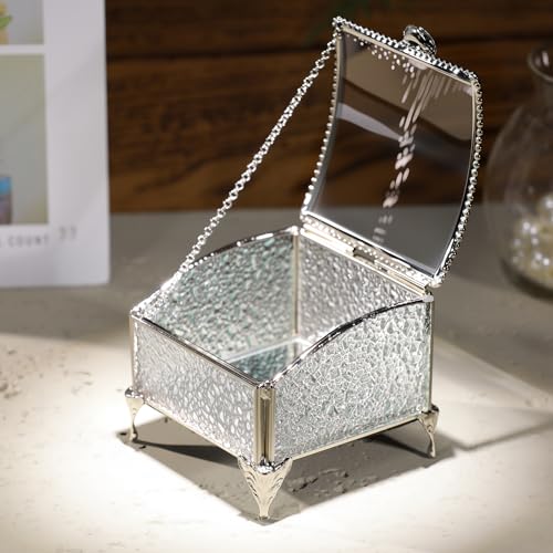 Glass Vintage Jewelry Box Keepsake storage Trinket Ring Display Box Home Decor Baked Curved Clear Glass Box Organizer(3.8x3.8x3Inches) - color: Antique silver