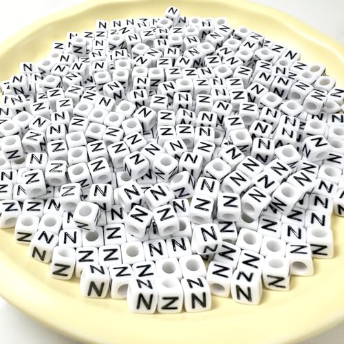 500Pcs Square Letter Beads N 6X6mm Individual White Alphabet Beads for Charms Bracelets Making - color: Square - N
