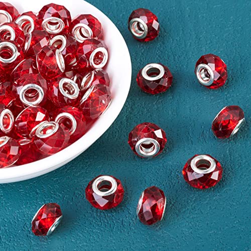 100pcs Red Glass Beads 14mm European Large Hole Beads Faceted Glass Crystal Valentine Christmas Bead for Bracelet Jewelry Making - color: Red