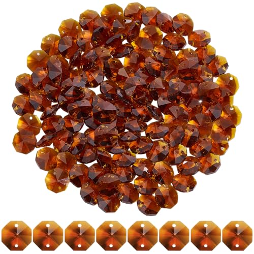 120Pcs 14mm Glass Octagon Crystal Beads 2 Hole Crystal Prism Beads Chocolate Chandelier Replacement Parts Links Suncatcher Faceted Spacer for DIY Lamp Hanging Pendant Jewelry Making Crafts - color: Chocolate