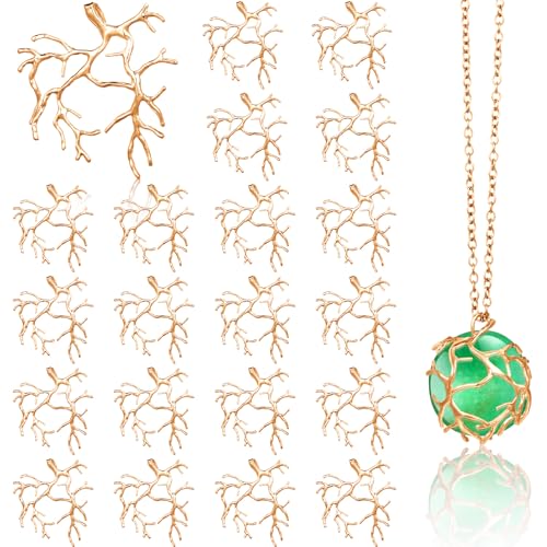 Hicarer 20 Pcs Pendant Trays for Jewelry Making Branch Shape Metal Claw Cage Pendant Holder Crystal Cage Necklace Open Bezels for DIY Necklace Jewelry Making Supplies - color: Gold