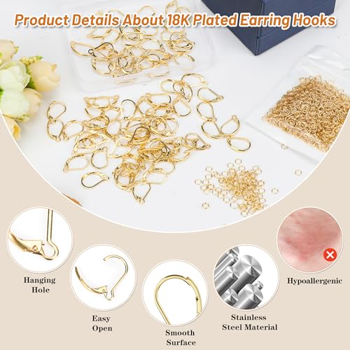 100pcs 18K Gold Plated Earring Hooks with 90 Jump Rings Leverback French Earring Hooks Hypoallergenic 304 Stainless Steel for Earrings Making - style: 18 K Gold Hooks