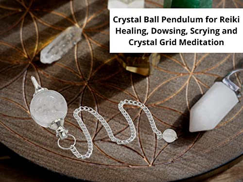 Amazing Gemstone Clear Quartz Crystal Ball Pendulum for Divination - Dowsing Pendulum Necklace with Chain and Quartz Bead for Reiki Healing and Crystal Grid Meditation - color: Clear Quartz