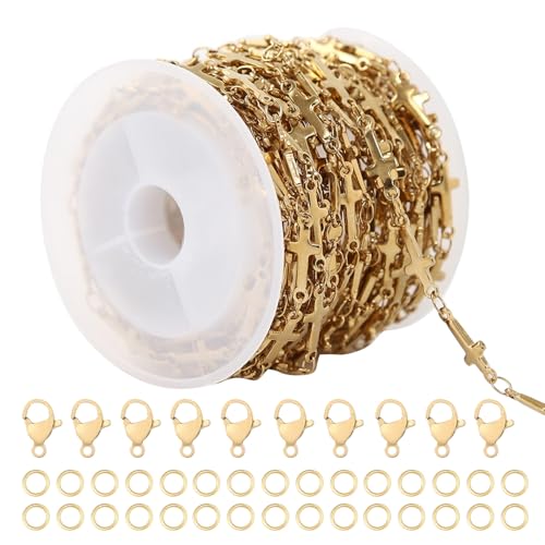 5 Meters Stainless Steel Cross Link Chains in Bulk for DIY Men Women Jewelry Making with Lobster Clasps, Jump Rings (Gold) - color: gold