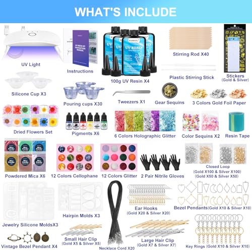 KISREL UV Resin Jewelry Making Kit, 400g Crystal Clear Resins with Light and Molds, DIY Jewelry Making Resin Kits, Resina Starter Kit for Keychain, Hair Clip and Earring - size: 400g