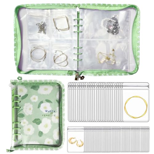 Jewelry Organizer Travel,Jewelry Storage Book with 45 Portable thick PVC pouches,Jewelry Organizer Zipper Bags for Necklaces Bracelet Rings and Earrings (front cover removable),Green - color: Green/45 PVC Pouches