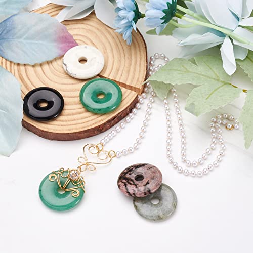 FASHEWELRY 5Pcs Natural Donut Disc Gemstone Pendants 28-30mm Large Hole Healing Chakra Polished Stone Flat Round Bead Charms Random Mixed Styles for Jewelry Making Hole: 6mm - color: 28~30mm, Mixed Colors