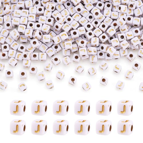 FASHEWELRY 500Pcs White Golden Letter Beads 4.5mm Square Alphabet Beads Acrylic Cube Letter J Beads for Friendship Bracelet Necklace Keychains Jewelry Making - color: Letter J