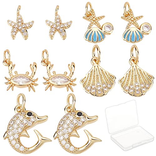 SUNNYCLUE 1 Box 10Pcs 5 Styles Shell Charms Starfish Charm Micro Pave Cubic Zirconia Pendant Brass Dolphin Ocean Pendants for Jewelry Making Charms Keychain Earring Necklace DIY Crafting Accessories - color: Micro Pave Cubic Zirconia Charms