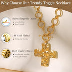 CHESKY 14K Gold Plated Chunky Necklace for Women, Trendy Paperclip Chain Necklace Thick Cross Heart Pendant Necklace Layered Herringbone Cuban Link Chain Toggle Necklaces Non Tarnish Jewelry - color: gold, style: cross