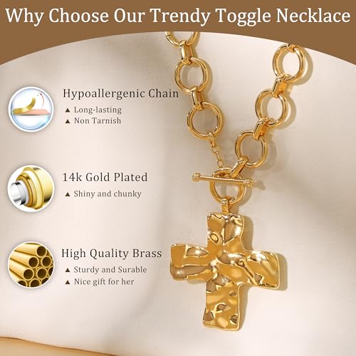 CHESKY 14K Gold Plated Chunky Necklace for Women, Trendy Paperclip Chain Necklace Thick Cross Heart Pendant Necklace Layered Herringbone Cuban Link Chain Toggle Necklaces Non Tarnish Jewelry - color: gold, style: cross