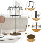 iDavosic.ly 2 Tier Rotating Necklace Holder Organizer with Wooden Jewelry Tray, Adjustable Metal Bracelet Display Stand with 42 Hooks, Extra Tall Keychain Spinning Tree Tower for Women, Black - color: Black with Wooden Tray