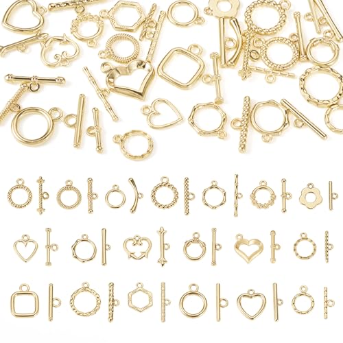 38Pcs Golden Toggle Clasp, 19 Styles Bracelet Closure Clasps IQ Toggle Clasps Oval Flower Heart Clasp Fastener Hook Toggle Connectors for Necklace Bracelet Jewelry Making - color: Golden-19 Styles